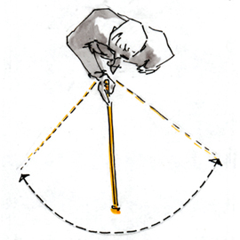 Zeichnung eines blinden Menschen mit Langstock von oben um Pendelbewegung darzustellen.