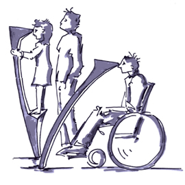 Zeichnung von Stative mit Magischen Kameras durch die große und kleine Menschen, Rollstuhlfahrer jeweils die gewünschte Projektion im richtigen Winkel sehen können